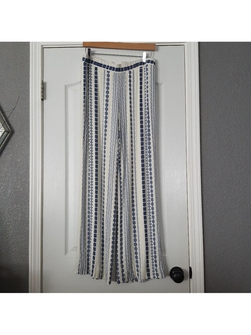 🇺🇸 Karen Kane Boho Crepe Pants Blue Creamy White L Stretch Waist Wide Leg